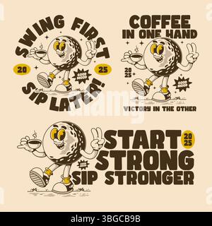 Set di personaggi vintage della palla da golf cartoni animati che reggono una tazza di caffè con gesti di pace e citazioni motivazionali a tema caffè Illustrazione Vettoriale