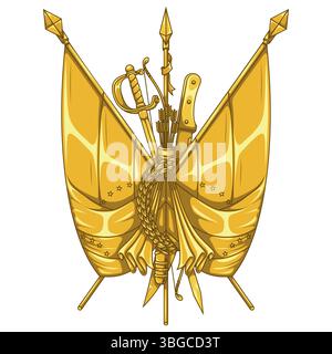 Bandiera del Venezuela con armi di indipendenza, simbolo di indipendenza del Venezuela con spada, lancia, machete, arco, freccia con due bandiere unite Illustrazione Vettoriale