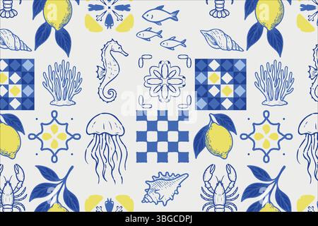Colorato motivo in stile mediterraneo con limoni, creature marine, coralli, conchiglie e motivi piastrellati in blu, giallo e bianco. Perfetto per l'estate o. Illustrazione Vettoriale