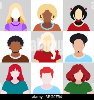 Set di avatar umani diversi e senza volto con diverse acconciature e tonalità della pelle su uno sfondo chiaro. Illustrazione Vettoriale