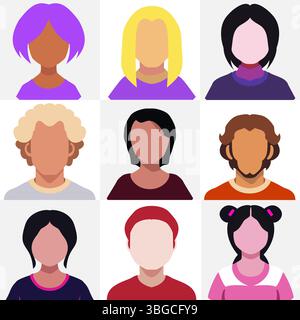 Set di avatar umani diversi e senza volto con diverse acconciature e tonalità della pelle su uno sfondo chiaro. Illustrazione Vettoriale