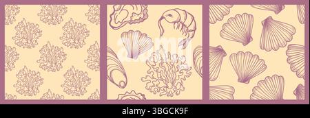 La dolce vita con motivo senza cuciture e frutti di mare. Scallop, gamberi, corallo, ostriche in stile vintage monocromatico. Vettore disegnato a mano ispirato all'estetica estiva italiana. Illustrazione Vettoriale