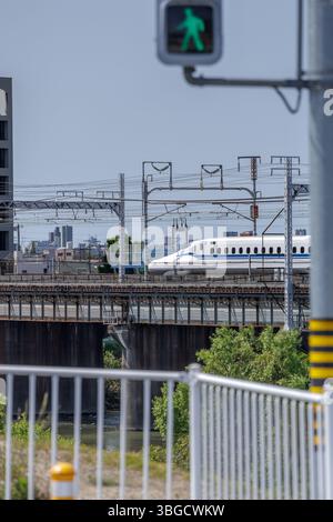 Il treno proiettile giapponese viaggia su binari sopraelevati sul fiume. Edifici cittadini e segnali pedonali visibili sullo sfondo, che suggeriscono l'attraversamento nelle vicinanze. Foto Stock