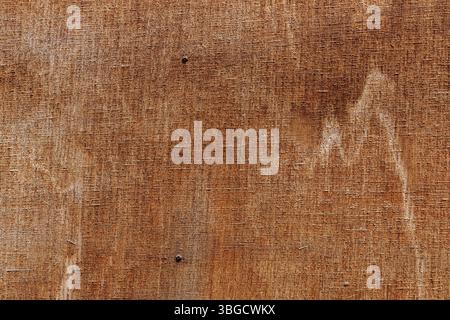 Superficie in legno con aspetto intempestivo. Linee simmetriche a grana naturale con pochi chiodi piccoli incorporati. Il legno mostra un tono caldo e terroso. Foto Stock