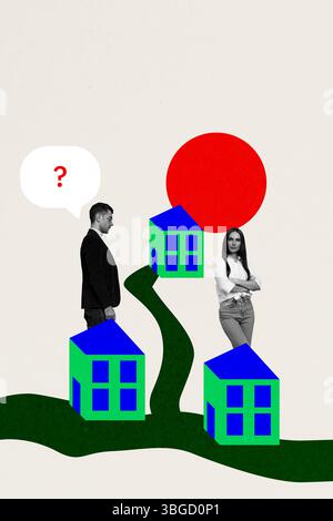 Modello di collage 3D grafica di tendenza schizzo di famiglia giovane uomo donna conversazione senzatetto proprietà trasferimento immobiliare mutui immobiliare Foto Stock