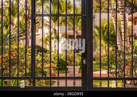 Bayahibe, Repubblica Dominicana 1 gennaio 2025: Cancello di metallo nero chiuso con un lussureggiante giardino tropicale sullo sfondo, che offre privacy e sicurezza in Foto Stock