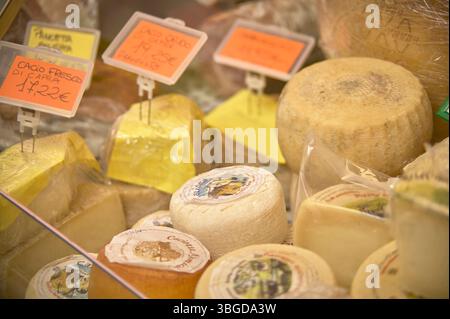 Milano, Italia 1° gennaio 2025: Varietà di formaggi italiani maturazione e attesa per i clienti in una stalla del mercato Foto Stock