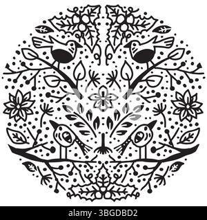 Illustrazione vettoriale di un motivo d'arte popolare con uccelli e fiori di colore blu Illustrazione Vettoriale