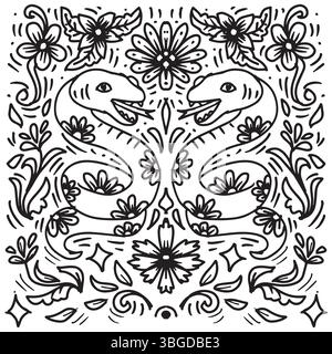 Illustrazione vettoriale disegnata a mano con serpenti e ornamento floreale su sfondo rosso. Anno cinese del serpente. Illustrazione Vettoriale