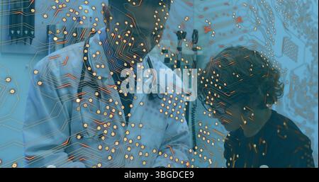 Connessioni a microprocessore contro medico maschio asiatico che parla con ragazzo caucasico in ospedale Foto Stock