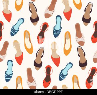 Motivo vettoriale senza cuciture con varie scarpe da donna su sfondo bianco, vista dall'alto per stampe alla moda, carta da imballaggio, design in tessuto. Elegante e colorfu Illustrazione Vettoriale