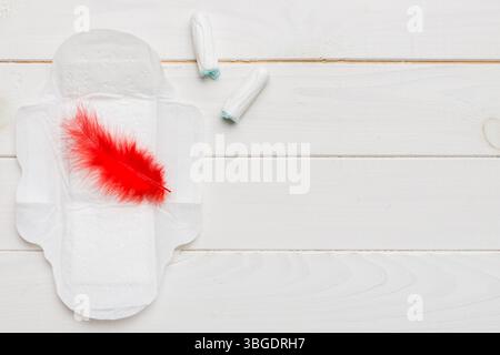 tamponi e tampone donna - tamponi sanitari si trovano accanto a un tampone su uno sfondo isolato su sfondo rosa e viola. Igiene femminile e mestruale p Foto Stock