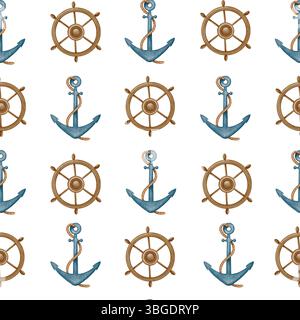 Motivo ad acquerello senza cuciture con ruote e ancoraggi navali Foto Stock