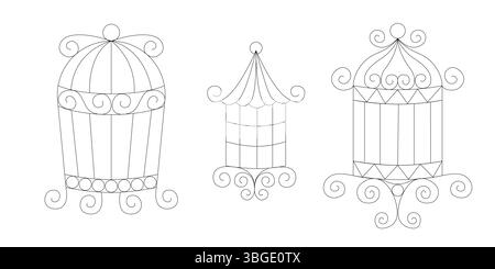 Collezione di gabbie per uccelli in un set vettoriale disegnato a mano in stile disegnato a linee disegnate a mano in stile doodle di semplici gabbie in metallo per interni di uccelli che ospitano animali domestici schizzi vintage minimali Illustrazione Vettoriale