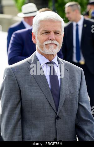 Praga, Repubblica Ceca. 5 giugno 2025. 09:06:14 PRAGA, 05-06-2025, Charles BridgeKing Willem Alexander e la regina Máxima fanno una visita di stato nella Repubblica Ceca su invito del presidente. FOTO: NLBeeld/Patrick van EmstIn la foto: Il presidente ceco Petr Pavel crediti: NL Beeld / Patrick van Emst Foto Stock
