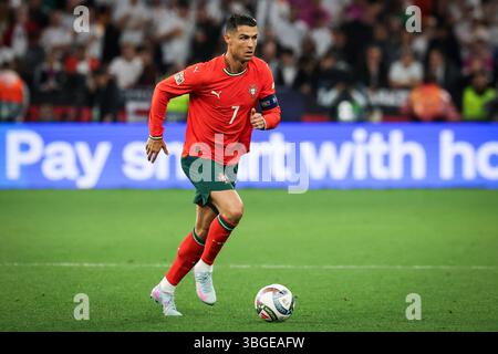 Monaco, Germania. 4 giugno 2025. Calcio: Nations League A, Germania - Portogallo, play-off round, semifinale, Munich Football Arena, il portoghese Cristiano Ronaldo in azione. Credito: Christian Charisius/dpa/Alamy Live News Foto Stock
