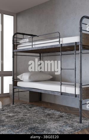 Gli interni di un ostello contemporaneo presentano un realistico rendering 3D di camere spaziose con letti a castello in metallo e un design pulito e minimalista. Grandi finestre Foto Stock