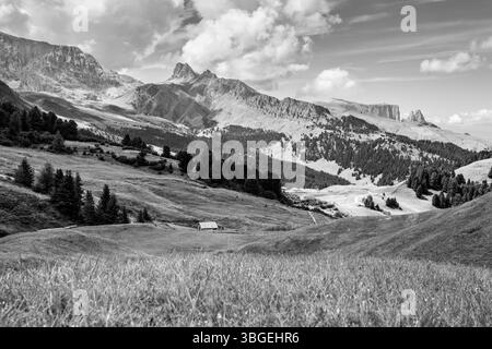 Gli ampi prati sul versante settentrionale dello Sciliar nelle Dolomiti Foto Stock