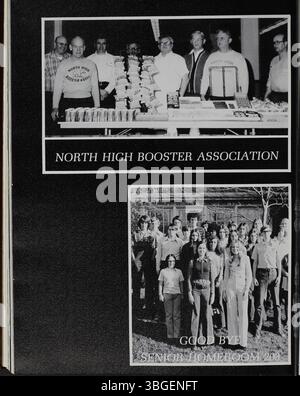 Questa pagina dell'annuario della North High School del 1973, intitolato Memory Book, evidenzia la transizione della scuola dalla sua costruzione originale nel 1893 alla sua chiusura nel 1979. La scuola si trovava per la prima volta a West 4th Avenue in un edificio in stile romanico progettato da Frank L. Packard. È stata sostituita nel 1924 e riaperta come Columbus International High School nel 2012. Foto Stock