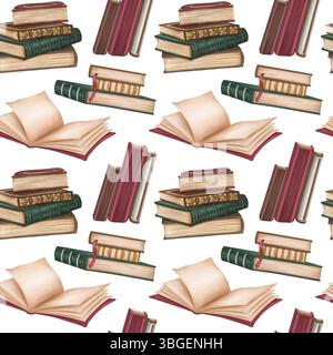 Motivo senza cuciture con antichi libri in copertina rigida decorati con metallo e ornamenti. Pile di libri, diario vuoto aperto, quaderno. Vecchie scuole di magia, educ Foto Stock