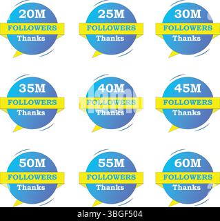 I follower offrono grafica da 20 M a 60 M con sfumatura blu cielo, sfondi gialli e bianchi. Design vettoriale modificabile ideale per i social media Illustrazione Vettoriale