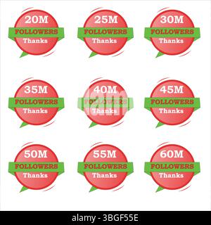 I follower includono immagini da 20 M a 60 M con sfondi sfumati rossi, verdi e bianchi. Design vettoriale modificabile ideale per social media e marketing. Illustrazione Vettoriale