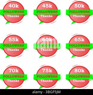 I follower offrono immagini da 40K a 80K con sfumature rosse, verde chiaro e sfondi bianchi. Design vettoriale modificabile ideale per i social media. Illustrazione Vettoriale