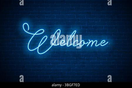 Benvenuto con scritta al neon illuminata, disegnata su sfondo Vintage Brick Wall. Modello di illustrazione Vector Modern Neon Signboard con tipografia Illustrazione Vettoriale