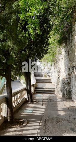 Passerella in pietra scavata in una scogliera costiera, ombreggiata da alberi lussureggianti e dalla luce del sole attenuata lungo un percorso panoramico mediterraneo. Foto Stock