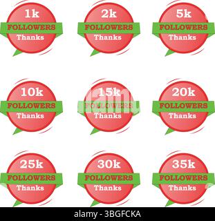 I follower offrono immagini da 1K a 35K con sfumature rosse, verde chiaro e sfondi bianchi. Design vettoriale modificabile ideale per i social media. Illustrazione Vettoriale