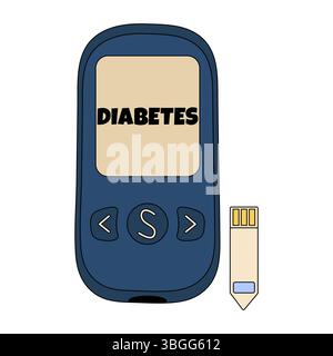 Glucometro ematico digitale, o glucometro per primo piano, con striscia reattiva separata e etichetta per il diabete, simbolo di auto-monitoraggio per la gestione del diabete. Concetto di diabete mellito, malattia cronica. Illustrazione Vettoriale