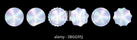 Adesivi olografici di diverse forme, ologrammi forme geometriche adesivi etichette per il design, illustrazione vettoriale Illustrazione Vettoriale