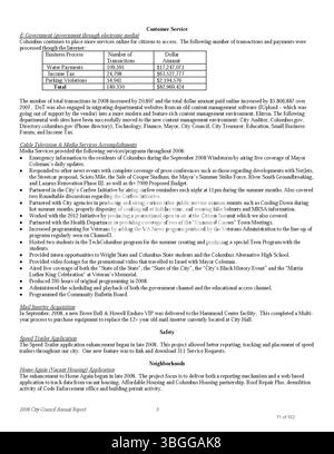 Questa pagina del rapporto annuale Columbus 2008 presenta dati finanziari, tra cui entrate, riepiloghi delle spese e relazioni del City Clerk e Tesoriere. Foto Stock