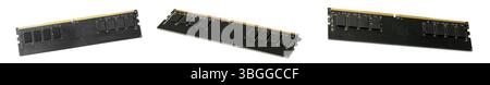 Moduli RAM neri isolati su collage bianco. Vista dall'alto e laterale Foto Stock