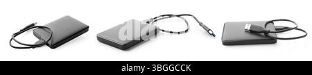 Dischi rigidi esterni con cavi USB isolati su collage bianchi Foto Stock