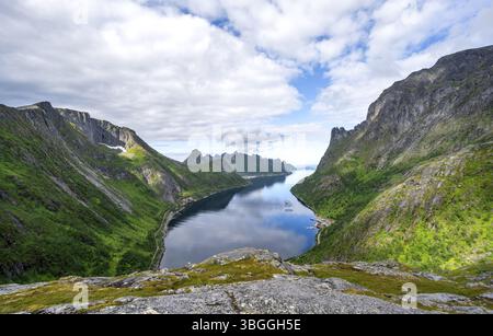 Vista del fiordo e delle montagne di Oyfjorden, paesaggio dei fiordi con vette, escursione al monte Barden, Senja, Norvegia, Europa Foto Stock
