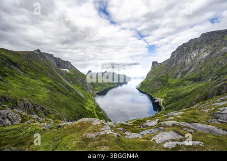 Vista del fiordo e delle montagne di Oyfjorden, paesaggio dei fiordi con vette, escursione al monte Barden, Senja, Norvegia, Europa Foto Stock