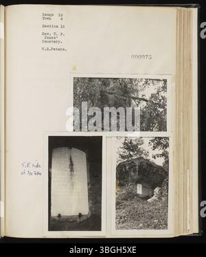 Range Book v. 19, pagina 148, degli anni 1910, 1934 e 1937-1947, contiene fotografie di siti storici a Rome Township, Athens County, Ohio. Il foglietto fotografico di W.E. Peters mette in evidenza i siti a rischio di perdersi, come cimiteri, tumuli degli indiani d'America e scuole a una sala, offrendo un resoconto visivo delle caratteristiche storiche della regione. Foto Stock