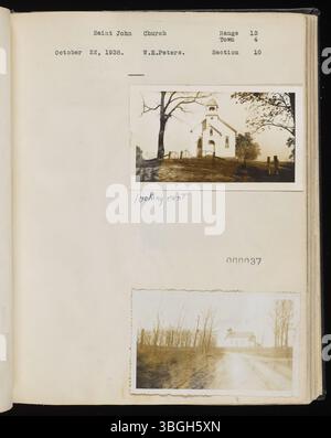Pagina 82 da W.E. Peters' Range Book v. 17 mostra Range 13, Town 4 in Lodi Township, Athens County, Ohio. La pagina contiene fotografie di tumuli dei nativi americani, scuole, cimiteri e siti minerari, documentando le caratteristiche che Peters riteneva fossero minacciate dal tempo e dall'attività umana. Questo album storico è stato compilato tra il 1938 e il 1942 per preservare il patrimonio locale. Foto Stock
