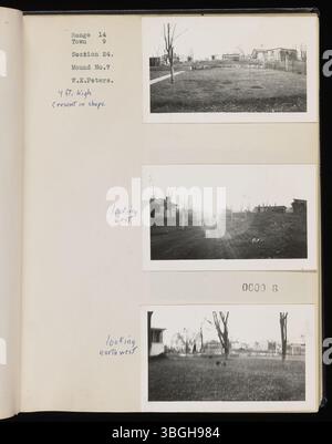 Range Book v. 09 si concentra sui monumenti storici di Athens Township, Athens County, Ohio, con fotografie che documentano i tumuli dei nativi americani, i cimiteri, i siti minerari e le case scolastiche a una stanza. La collezione, creata da W.E. Peters tra il 1938 e il 1948, mette in risalto la storia culturale e gli sforzi di conservazione della regione. Foto Stock