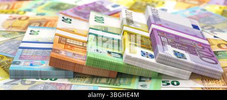 Pile di banconote in euro su valute in euro sparse. Foto Stock
