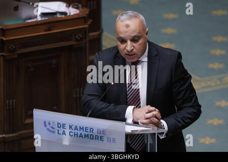 Bruxelles, Belgio. 5 giugno 2025. PS' Ridouane Chahid nella foto durante una sessione plenaria della camera al parlamento federale, a Bruxelles, giovedì 05 giugno 2025. BELGA FOTO NICOLAS MAETERLINCK credito: Belga News Agency/Alamy Live News Foto Stock