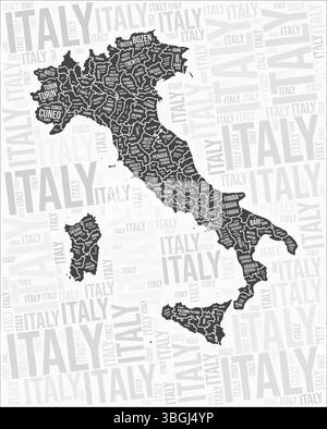 Le regioni italiane mappano Word cloud. Nomi delle regioni italiane. Design della mappa in bianco e nero. Illustrazione vettoriale VIBRANT. Illustrazione Vettoriale