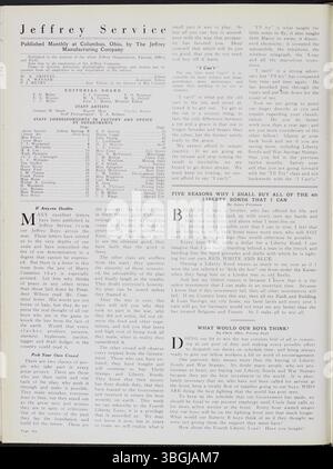 Jeffrey Service volume 5, pubblicato tra settembre 1918 e agosto 1919, è una newsletter della Jeffrey Company. Contiene articoli sull'azienda, attrezzature minerarie, notizie per i dipendenti e eventi sportivi e sociali organizzati. La pubblicazione include fotografie e disegni dell'impianto, delle attrezzature, dei lavoratori e delle loro famiglie. Una parte significativa riguarda le notizie della prima guerra mondiale e i dipendenti che si sono arruolati, fornendo preziose informazioni storiche e genealogiche relative all'azienda e a Columbus. Foto Stock