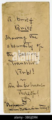Una lettera del 1906 di William Jackson Armstrong a Charles B. Galbreath intitolata "Un breve breve documento che mostra l'assurdità del verbo transitivo passivo!". Armstrong critica la forma passiva di un verbo, argomentando contro la sua classificazione come verbo transitivo. Foto Stock