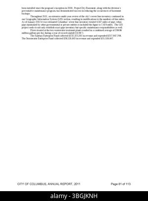 Questa sezione del rapporto annuale della città di Columbus del 2011 fornisce una ripartizione dettagliata di ricevute, spese e relazioni del Committee of Ways and Means, del City Clerk e del City Treasurer. Foto Stock