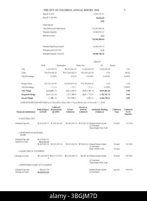 Il rapporto annuale della città di Columbus del 2002 delinea le entrate e le spese della città. Include relazioni finanziarie del Committee of Ways and Means, City Clerk e City Treasurer, che documentano le attività fiscali e la gestione del bilancio della città per quell'anno. Foto Stock