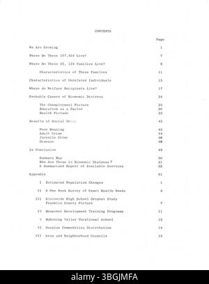 Questo studio del 1964, preparato dal Consiglio della Comunità Unita, mira a identificare i problemi causati dalla povertà, dagli alloggi poveri, dall'istruzione limitata e dalle cure mediche insufficienti a Columbus, Ohio, e nella contea di Franklin. Rappresenta la prima fase di un programma a lungo termine per affrontare tali questioni. Foto Stock