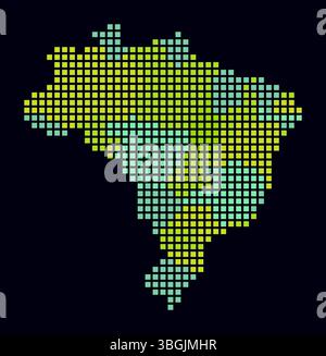 Mappa punteggiata del Brasile. Mappa digitale del paese su sfondo scuro. Forma brasiliana con punti quadrati. Stile puntini colorati. Quadrati di grandi dimensioni. Illustrazione Vettoriale