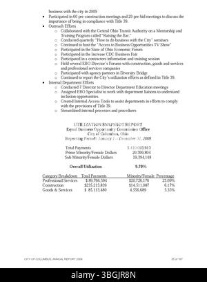 Il rapporto annuale della città di Columbus del 2009 delinea le ricevute, le spese e include le relazioni del funzionario comunale, del tesoriere della città e del Comitato delle vie e dei mezzi. Foto Stock